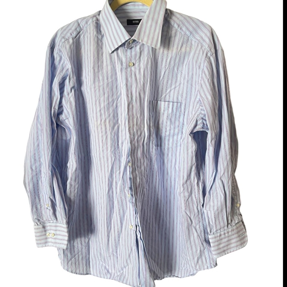 Hugo Boss Mens 100% Cotton Blue Purple Striped Button Down Dress Shirt‎